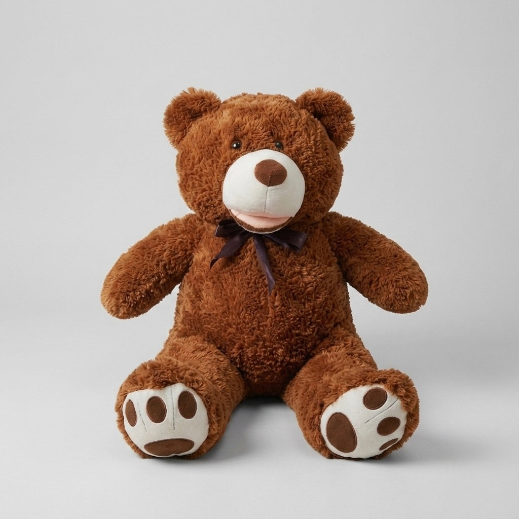 A brown plush teddy bear sitting against a light gray background. The bear has a cream-colored snout, cream paw pads, and a dark brown bow tie.