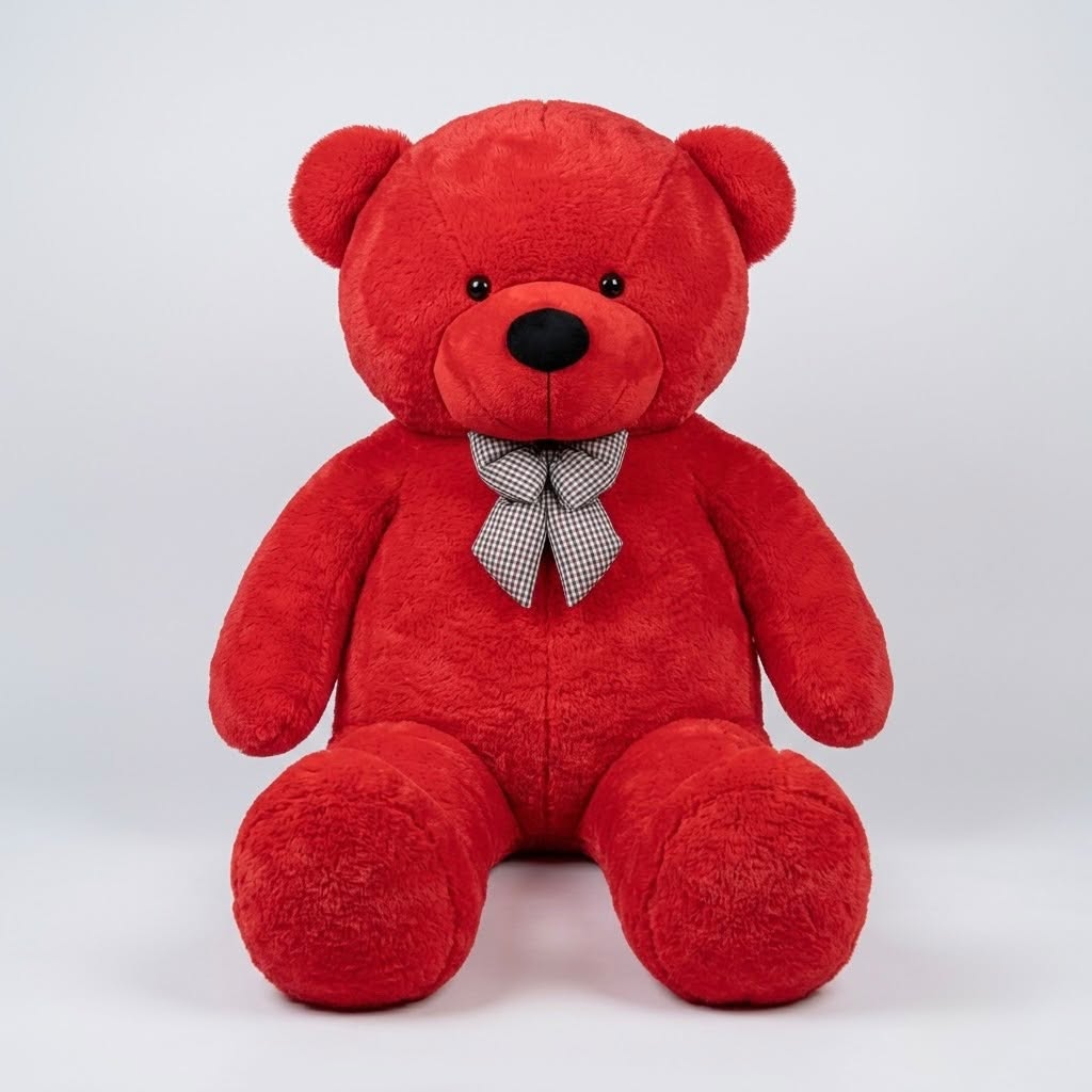 Giant 7 feet life-size red plush teddy bear with checkered bow tie sitting upright on clean white studio background