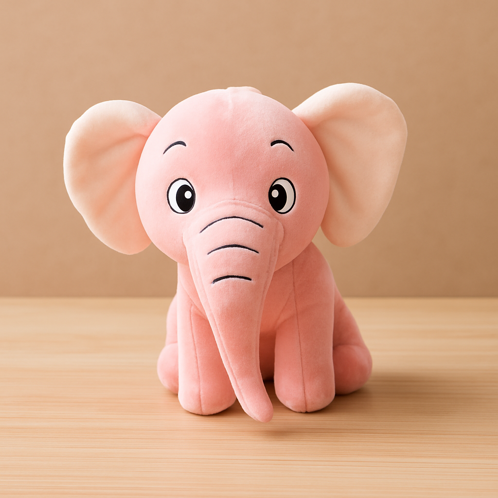 Pink plush elephant toy on a wooden surface with a beige background