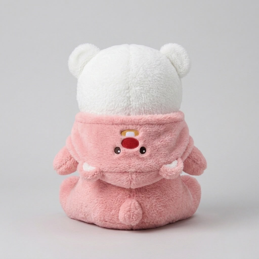 A plush bear-shaped baby blanket or cushion in soft pink and white, photographed against a clean light gray studio background.
