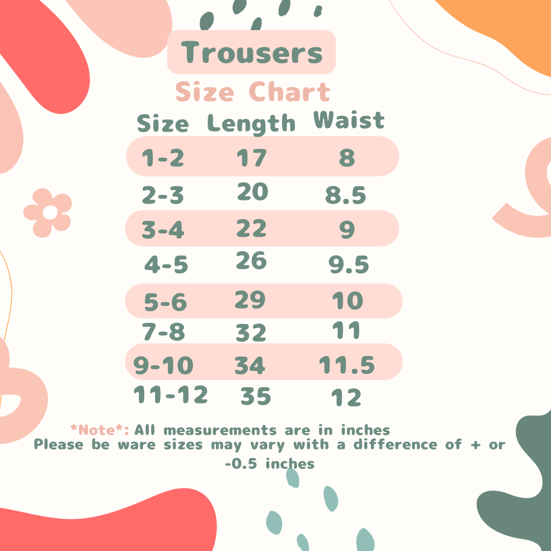 Trousers size chart with measurements on a colorful background