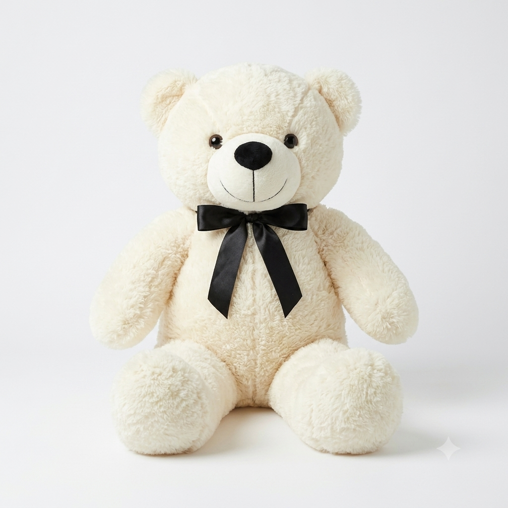 A cream-colored plush teddy bear sitting down, featuring a black satin bow around its neck, set against a clean white studio background.