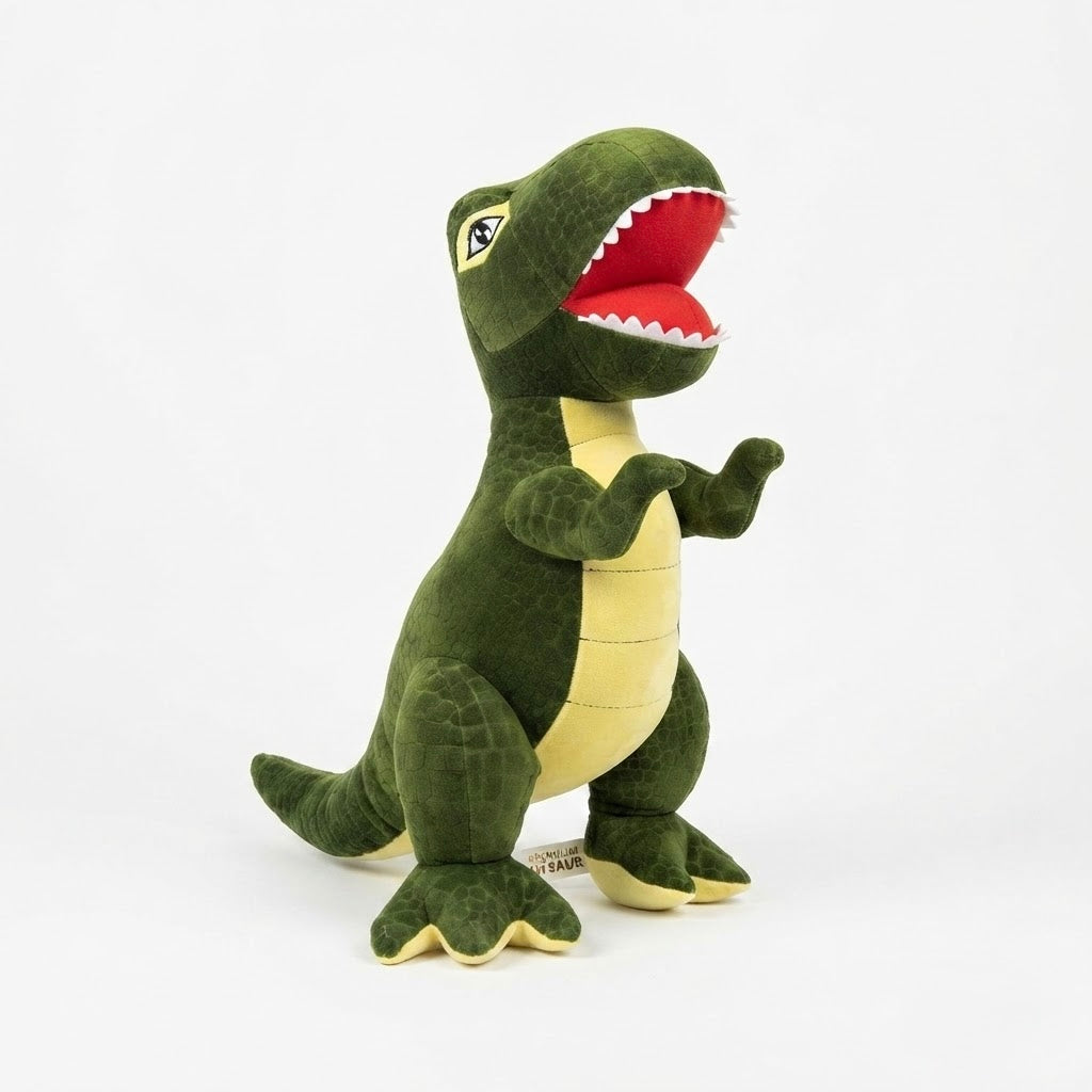 A green plush dinosaur toy with a yellow underbelly, open red mouth, and white teeth, standing on a white background.