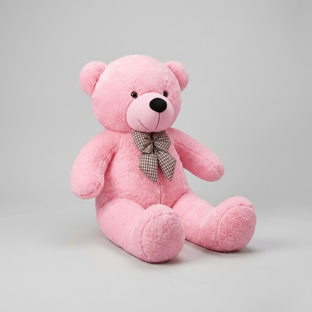 A pink plush teddy bear sitting upright against a light gray studio background, with a small brown-and-white gingham bow tied around its neck.