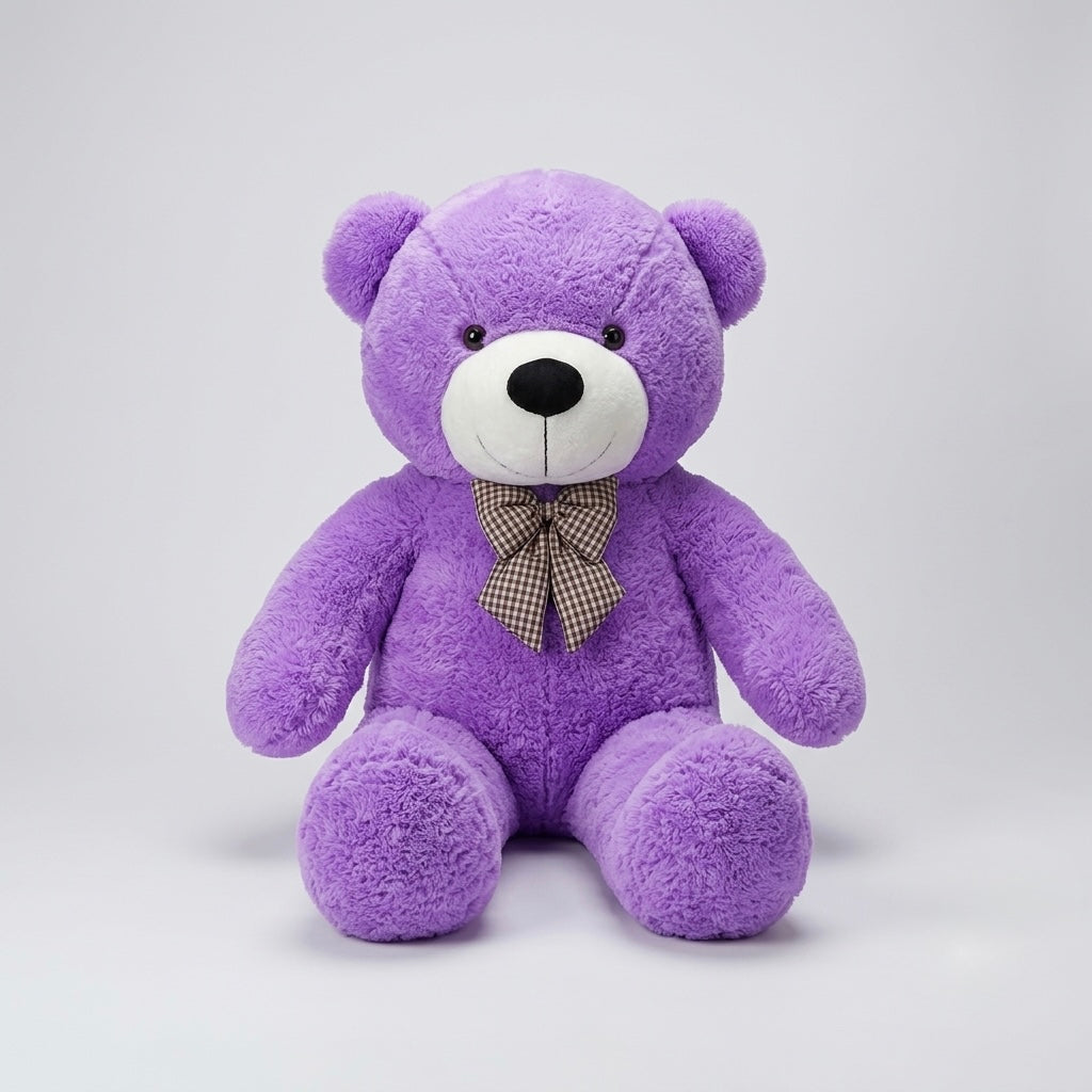 A purple plush teddy bear sitting upright against a light gray studio background. The bear has a white snout and chest area, black embroidered eyes and nose, and a small brown-and-white checkered bow tie.