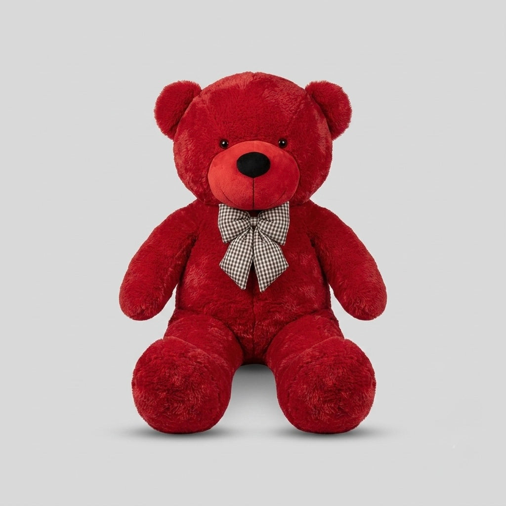 A red plush teddy bear sitting upright against a light gray background, wearing a black-and-white gingham bow tie.