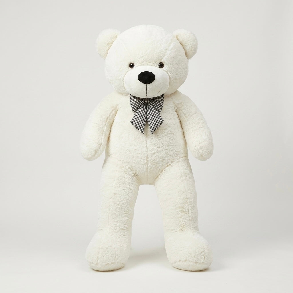 A large white plush teddy bear standing upright against a light gray studio background, with a small black-and-white checkered bow tie at the neck.