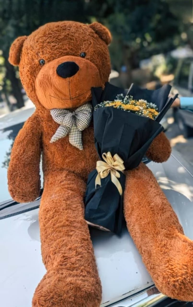 Brown teddy bear holding a bouquet of flowers on a car hood