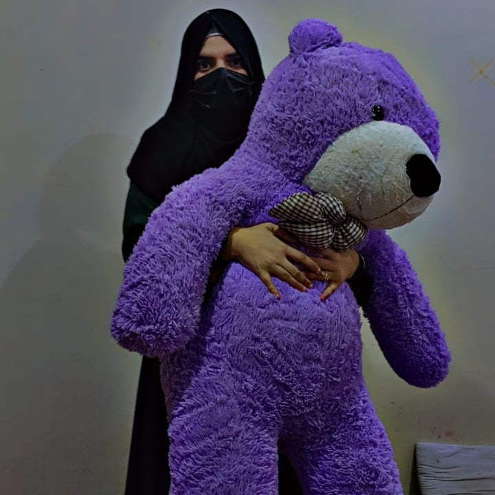 Person holding a large purple teddy bear against a plain background