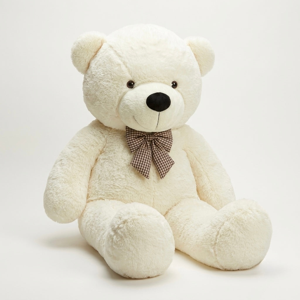 A large cream-colored plush teddy bear sitting down, featuring a brown and beige checkered bow tie, set against a plain light background.