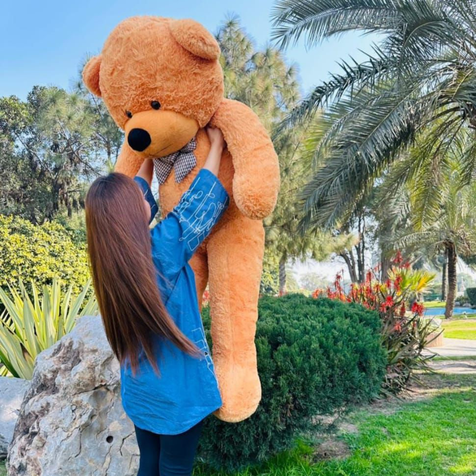 Person holding a large teddy bear outdoors with trees and rocks in the background