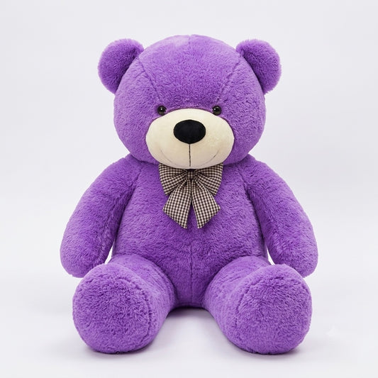 A purple plush teddy bear with a cream-colored snout and nose, wearing a black and white checkered bow tie, sitting against a plain white background.