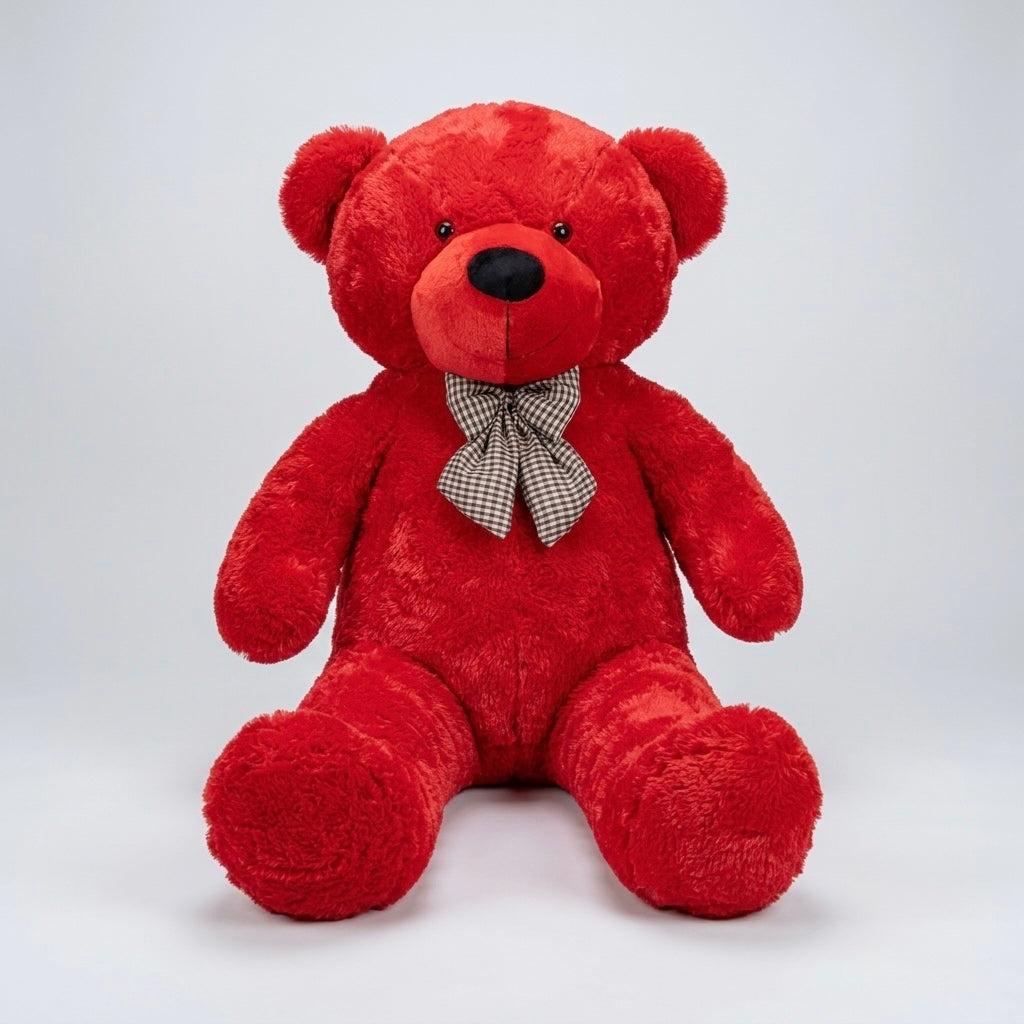 A red plush teddy bear sitting upright against a light gray studio background, with a small black nose, black eyes, and a gray-and-white checkered bow tie.