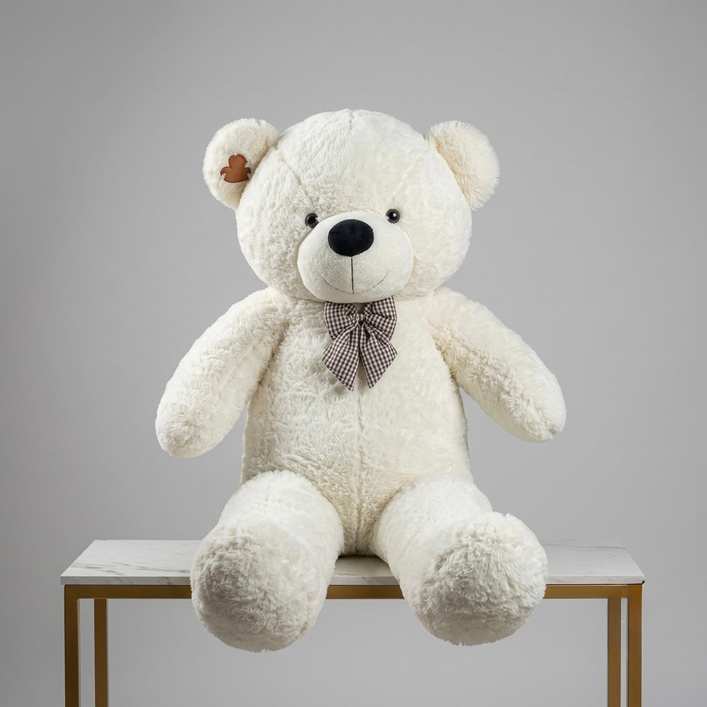 A large plush white teddy bear sitting on a white marble-top table with gold legs, set against a solid gray studio background. The bear has a small brown heart-shaped tag on its left ear and wears a brown and white checkered bow tie.