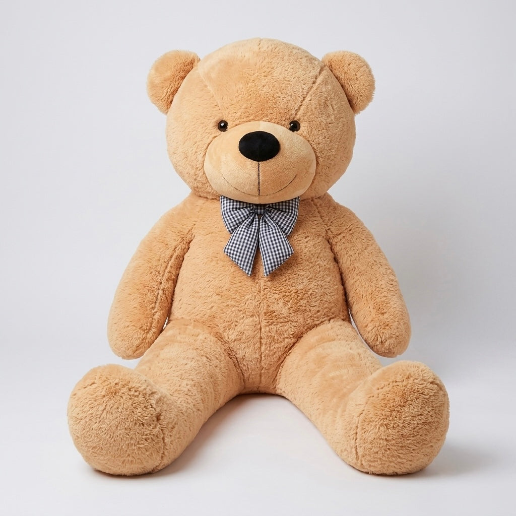 A plush teddy bear sitting upright against a light gray studio background. The bear is tan with a black nose and eyes and wears a small blue-and-white checkered bow tie.