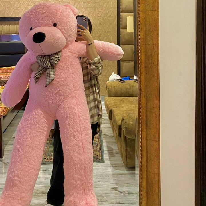 Person holding a large pink teddy bear in a room with a chandelier and decorative wall.