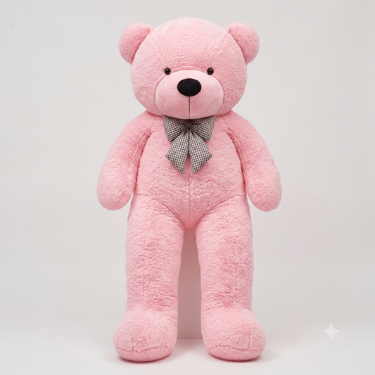 A large pink plush teddy bear standing upright against a light gray studio background, with a small gray-and-white checkered bow tie at the neck.