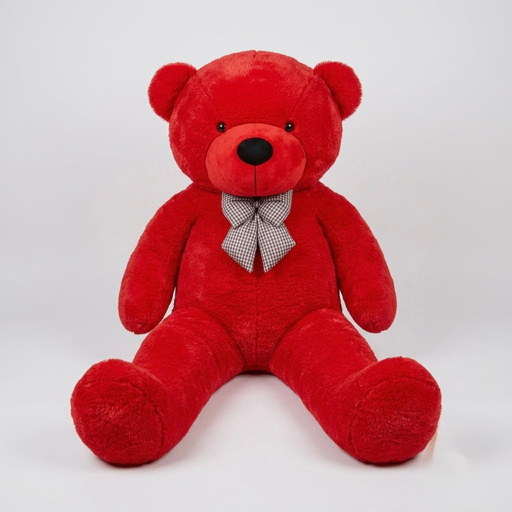 A red plush teddy bear sitting down, wearing a small gray and white checkered bow tie, photographed against a light gray studio background.