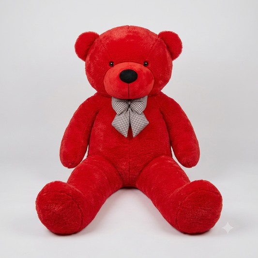A red plush teddy bear sitting down, featuring a black nose and eyes, small black bead ears, and a gray and white gingham checkered bow tie on its neck, set against a plain light gray background.