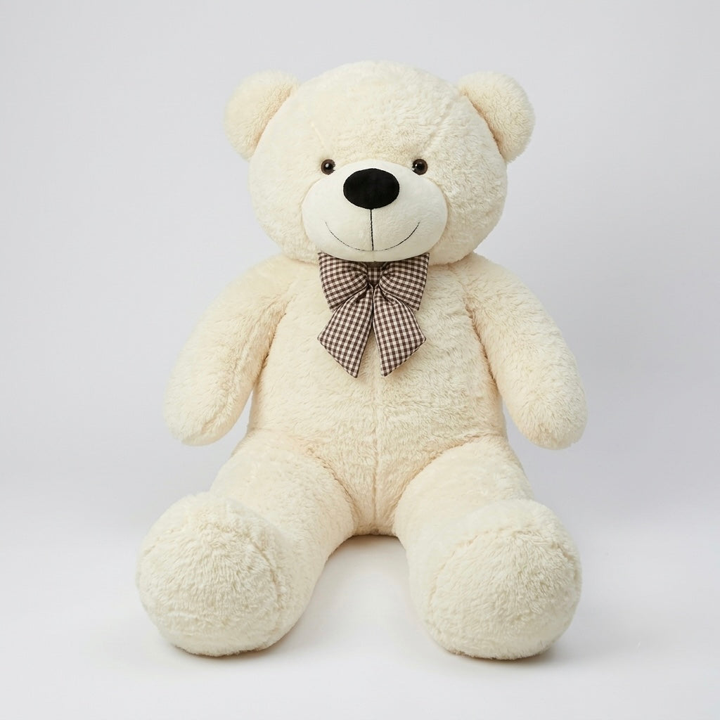 A cream-colored plush teddy bear sitting down, featuring a brown and beige gingham check bow on its neck, set against a plain light gray background.
