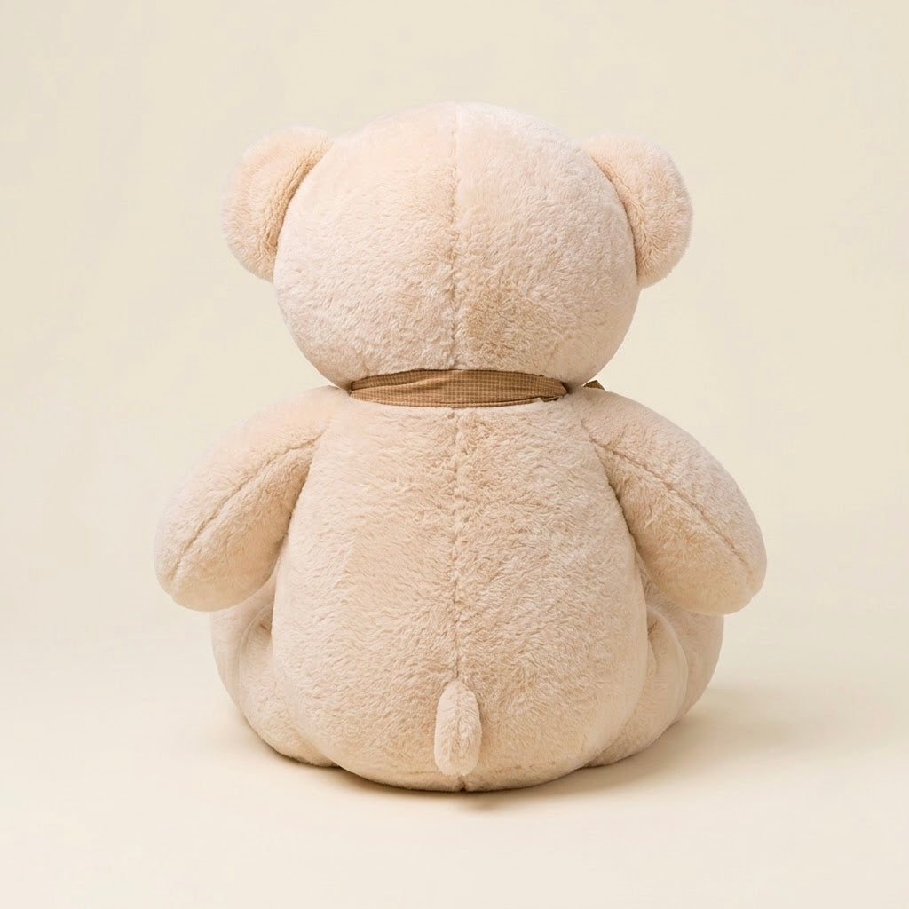 A plush teddy bear toy shown from the back, made of soft beige plush fabric with a small brown ribbon tied around its neck, set against a solid cream background.