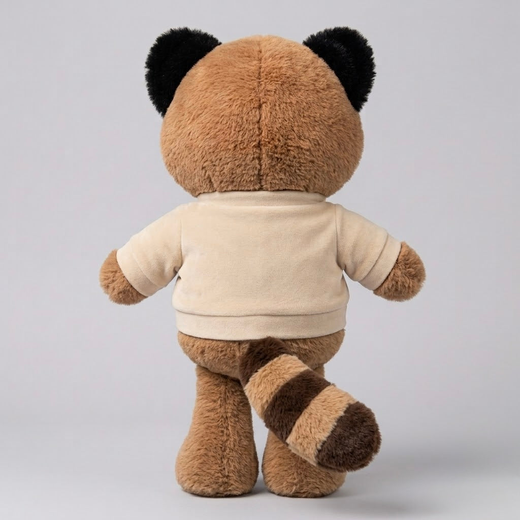 A plush toy animal shown from the back, featuring a brown furry body, black ear patches, a cream-colored short-sleeve shirt, and a brown-and-cream striped tail, set against a plain light gray studio background.