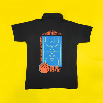 Black polo shirt with basketball design on a yellow background