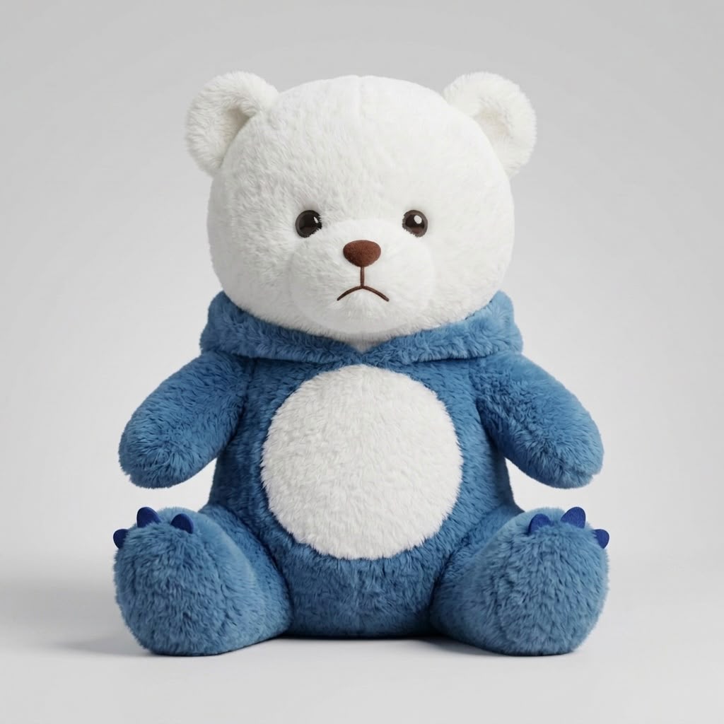A plush teddy bear sitting upright, with a white face and belly, blue arms and legs, and a small brown stitched nose, photographed on a clean light gray studio background.