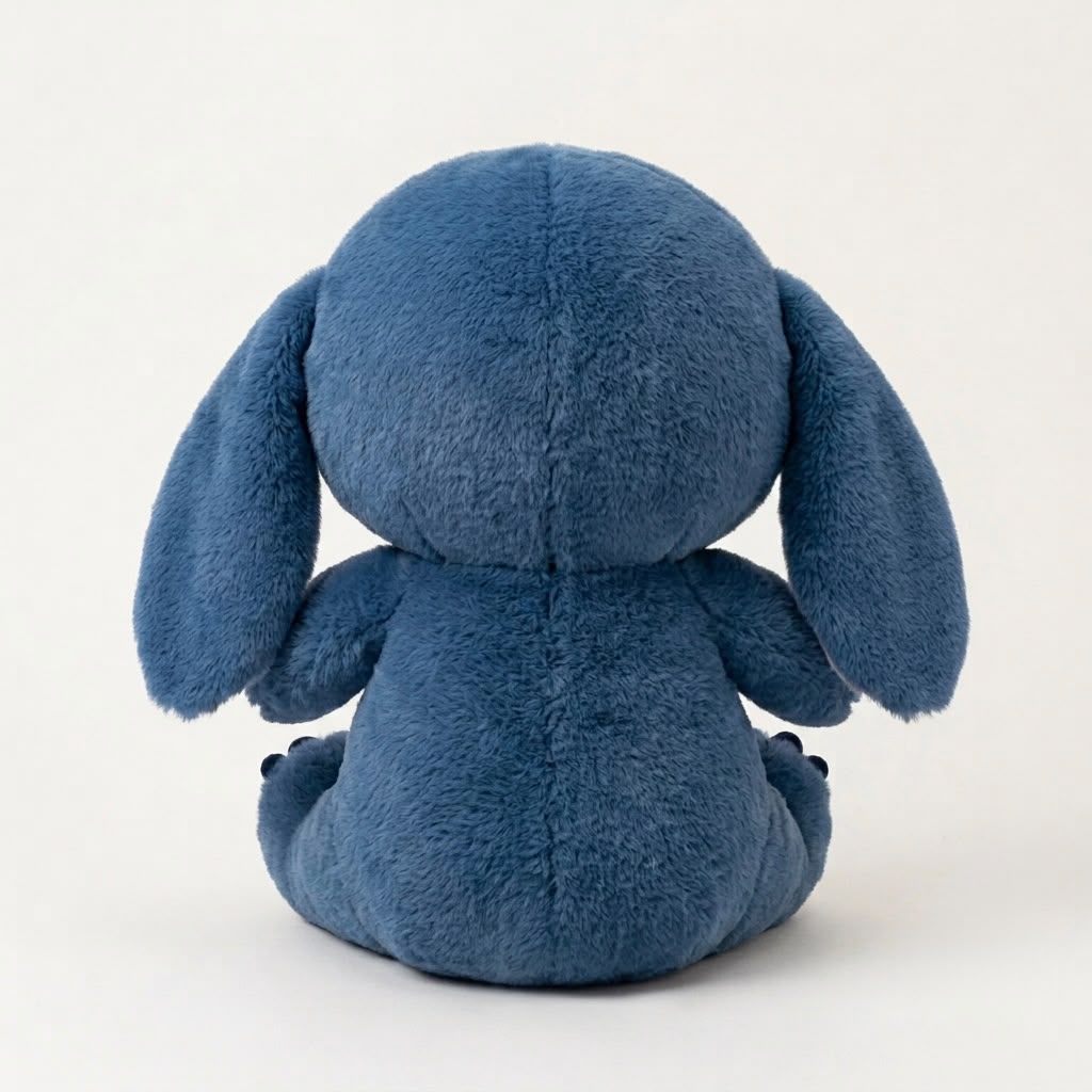A blue plush toy with long floppy ears, shown from the back against a plain off-white background.