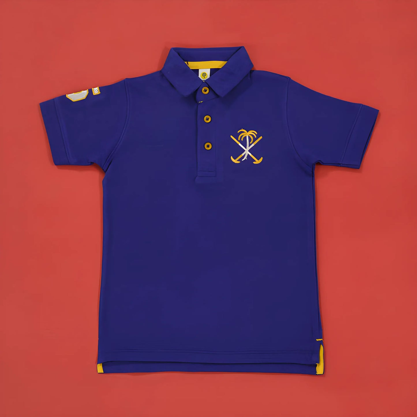 Blue polo shirt with a palm tree and cross design on a red background