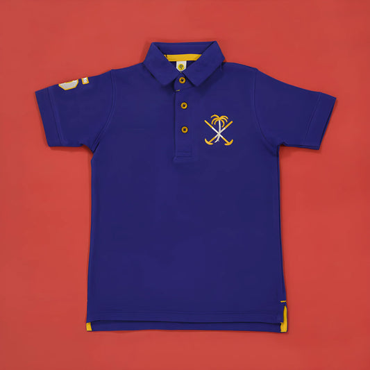 Blue polo shirt with a palm tree and cross design on a red background