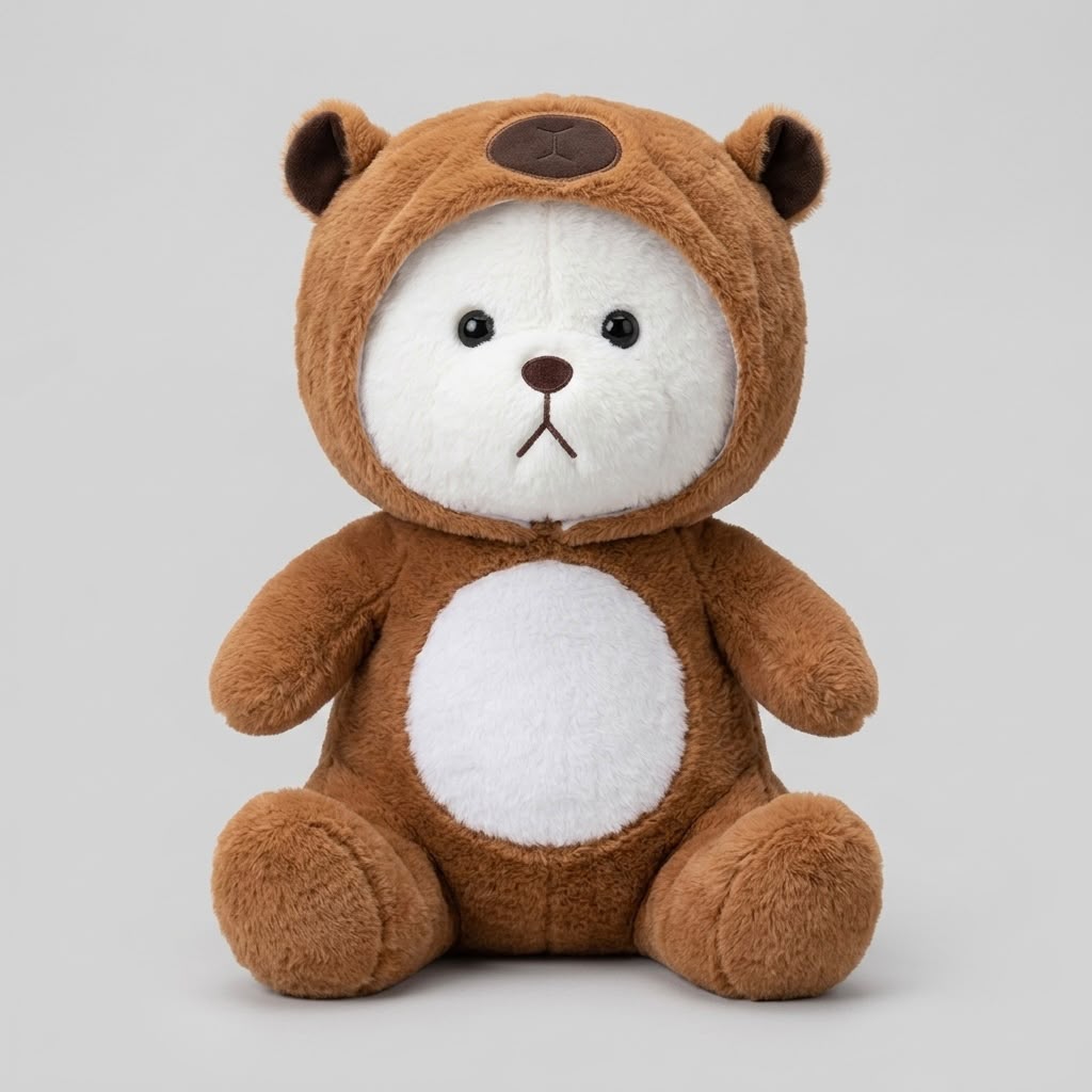 A plush teddy bear toy in a brown hooded outfit with a white face and belly, sitting against a light gray studio background.