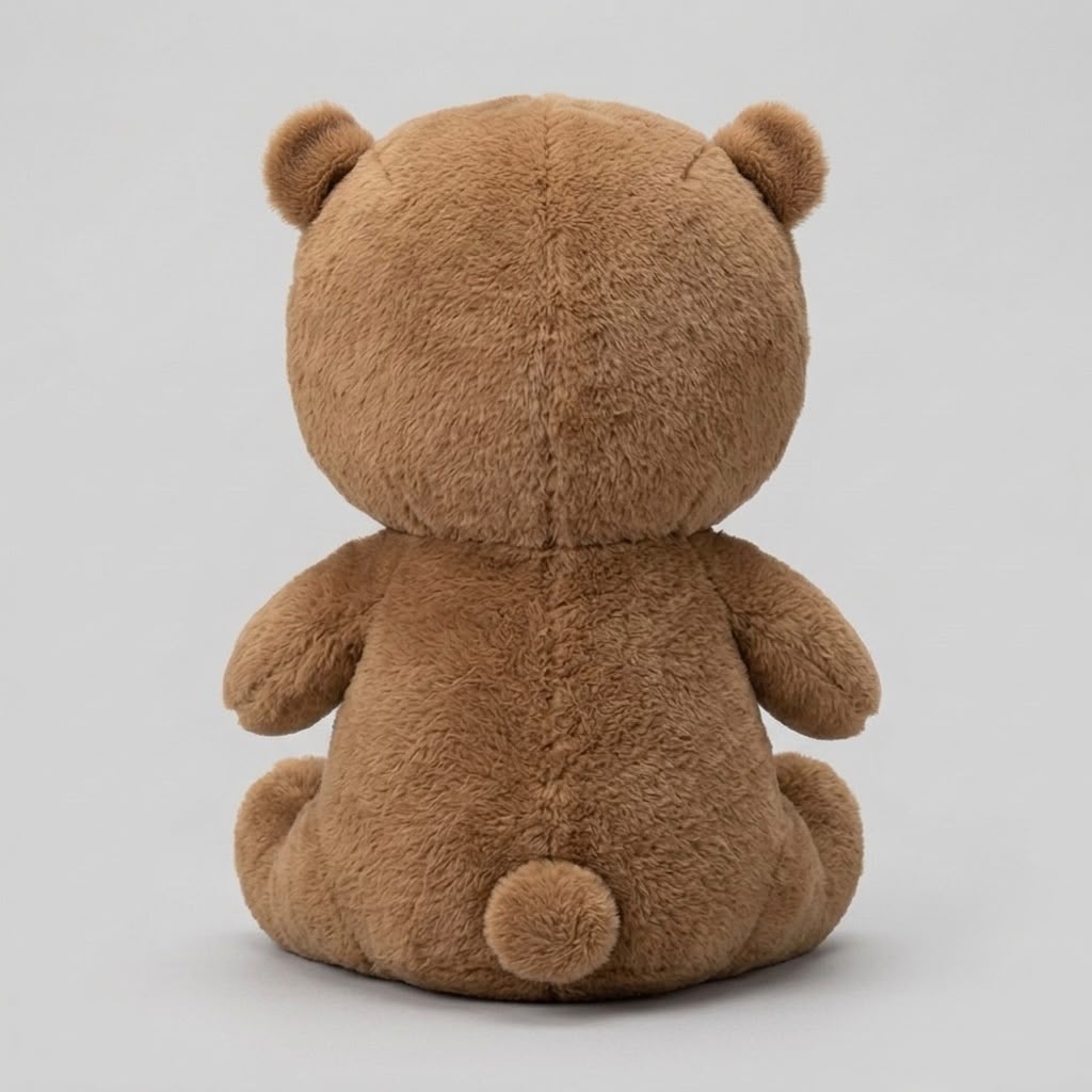 A brown plush teddy bear viewed from the back, sitting against a plain light gray studio background.