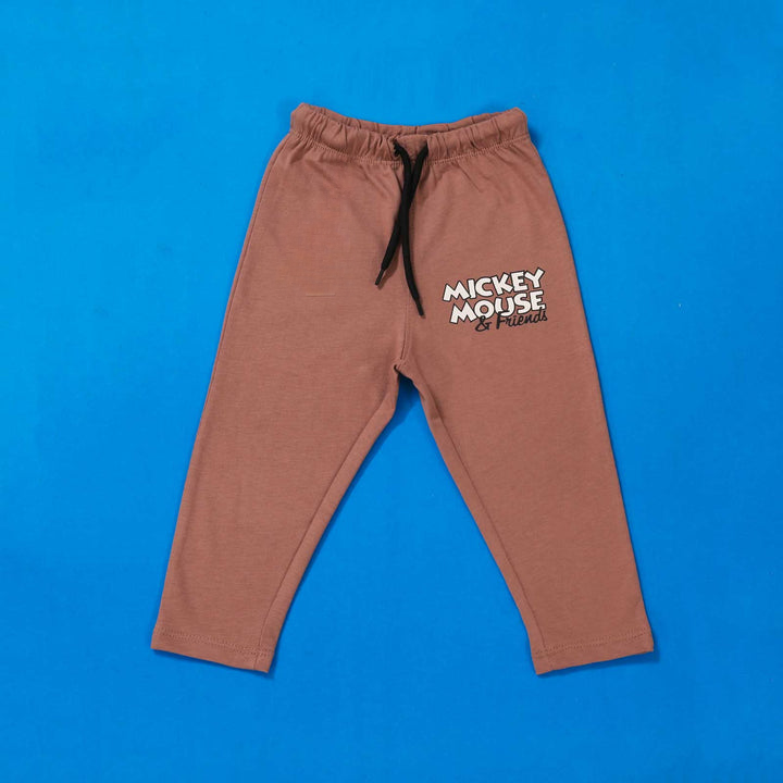 Brown sweatpants with 'Mickey Mouse' text on a blue background