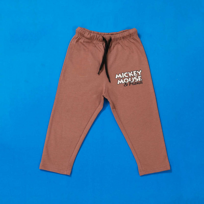 Brown sweatpants with 'Mickey Mouse' text on a blue background