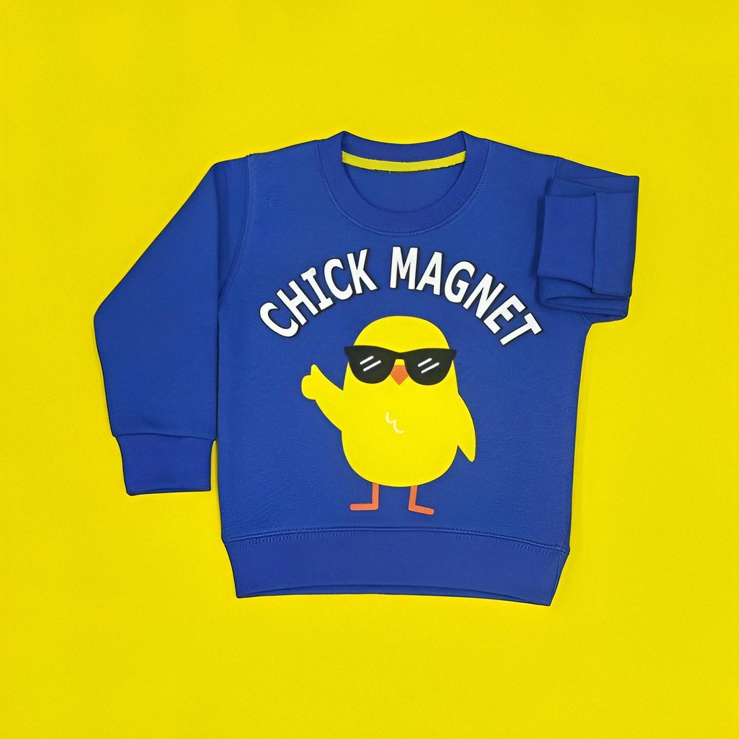 Blue sweatshirt with a yellow chick graphic and 'Chick Magnet' text on a yellow background