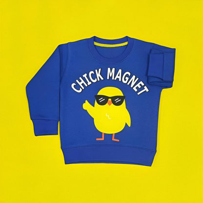 Blue sweatshirt with a yellow chick graphic and 'Chick Magnet' text on a yellow background