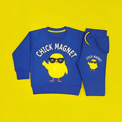 Blue children's sweatshirt and pants set with 'Chick Magnet' design on a yellow background