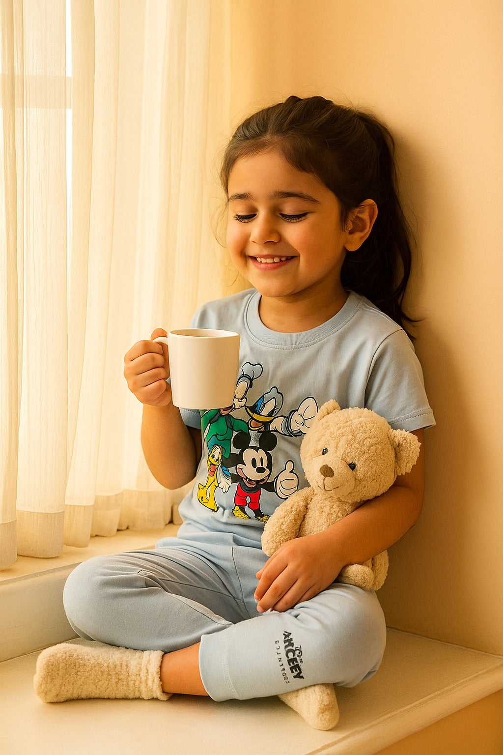Child holding a mug and teddy bear against a beige wall with a window in the background