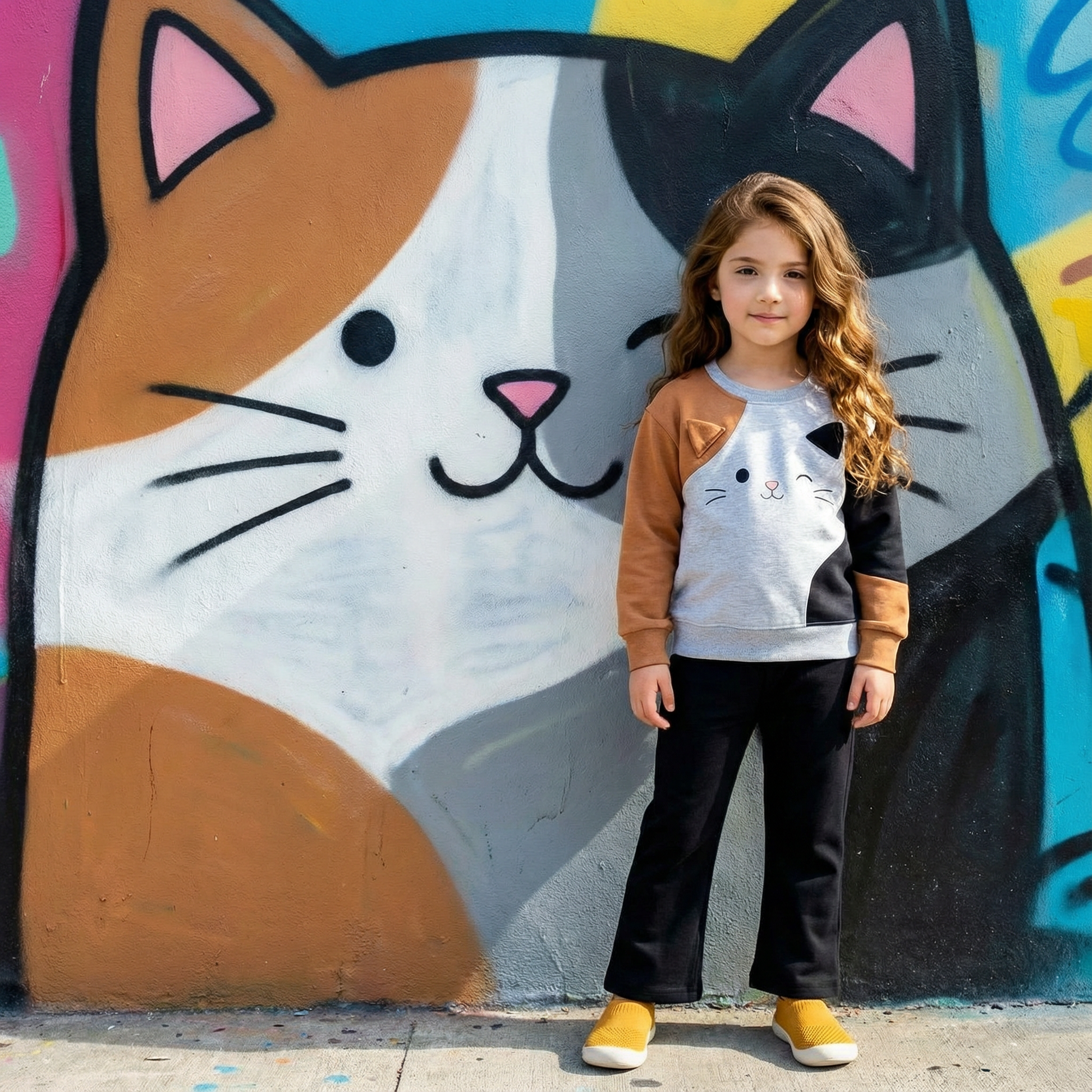 Child standing in front of a colorful cat mural