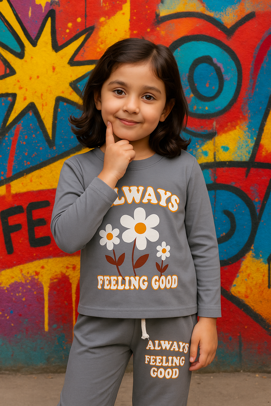 Child wearing a gray outfit with floral design and text, standing in front of a colorful graffiti wall.