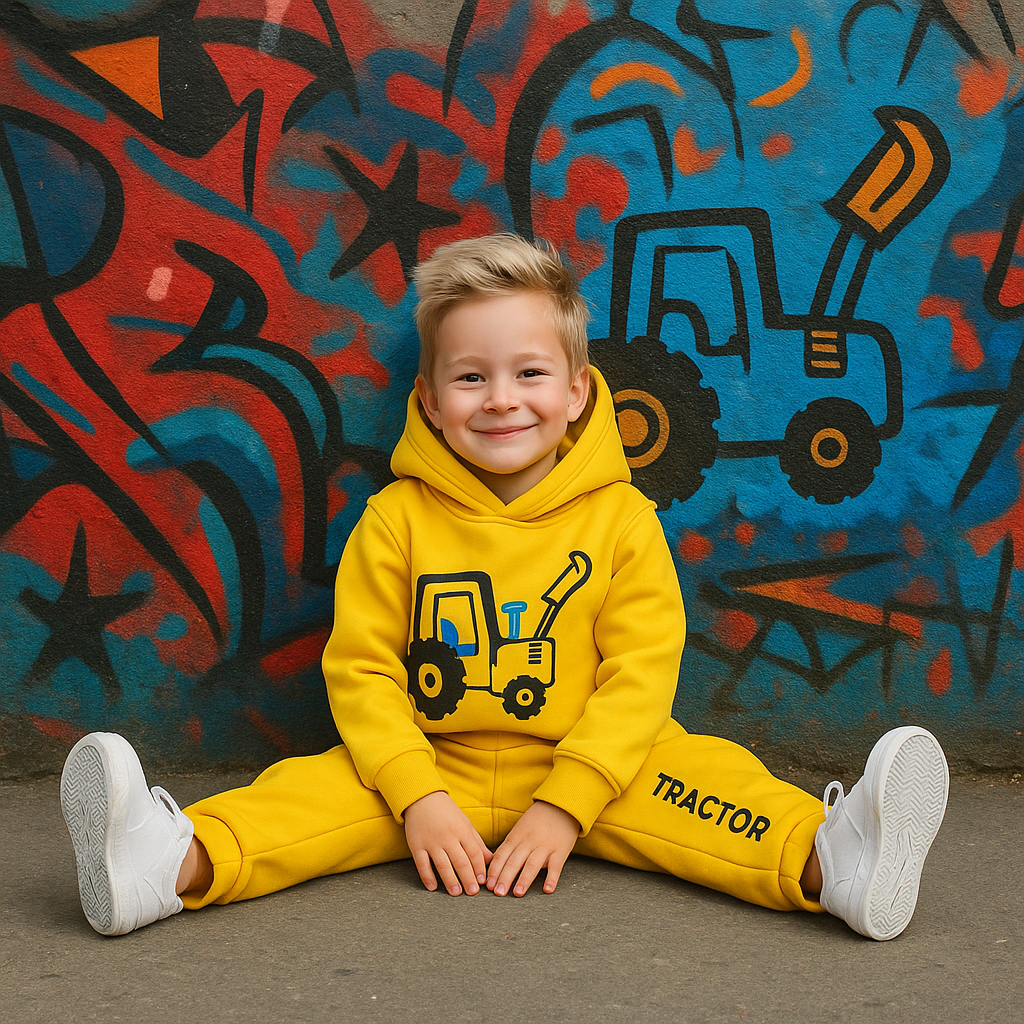 Child wearing a yellow hoodie with a tractor design in front of a colorful graffiti wall.