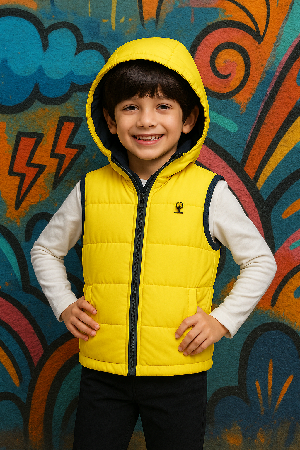 Child wearing a yellow puffer vest in front of a colorful graffiti wall