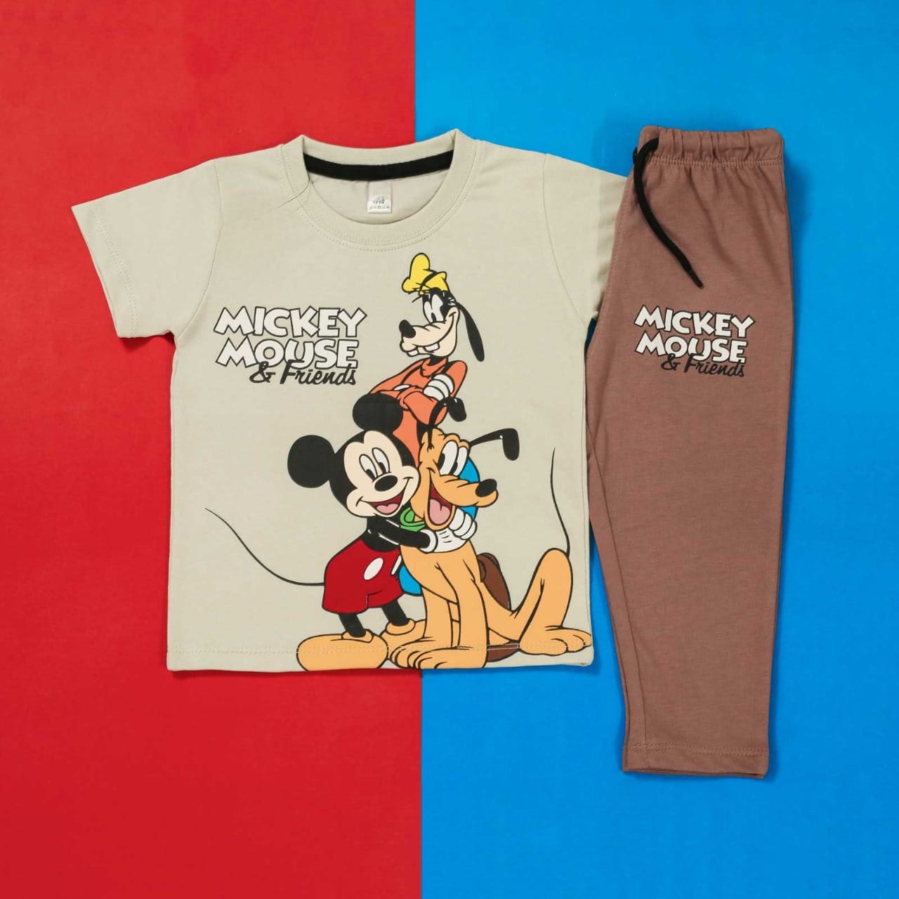 Children's t-shirt and pants with Mickey Mouse and Friends design on a red and blue background