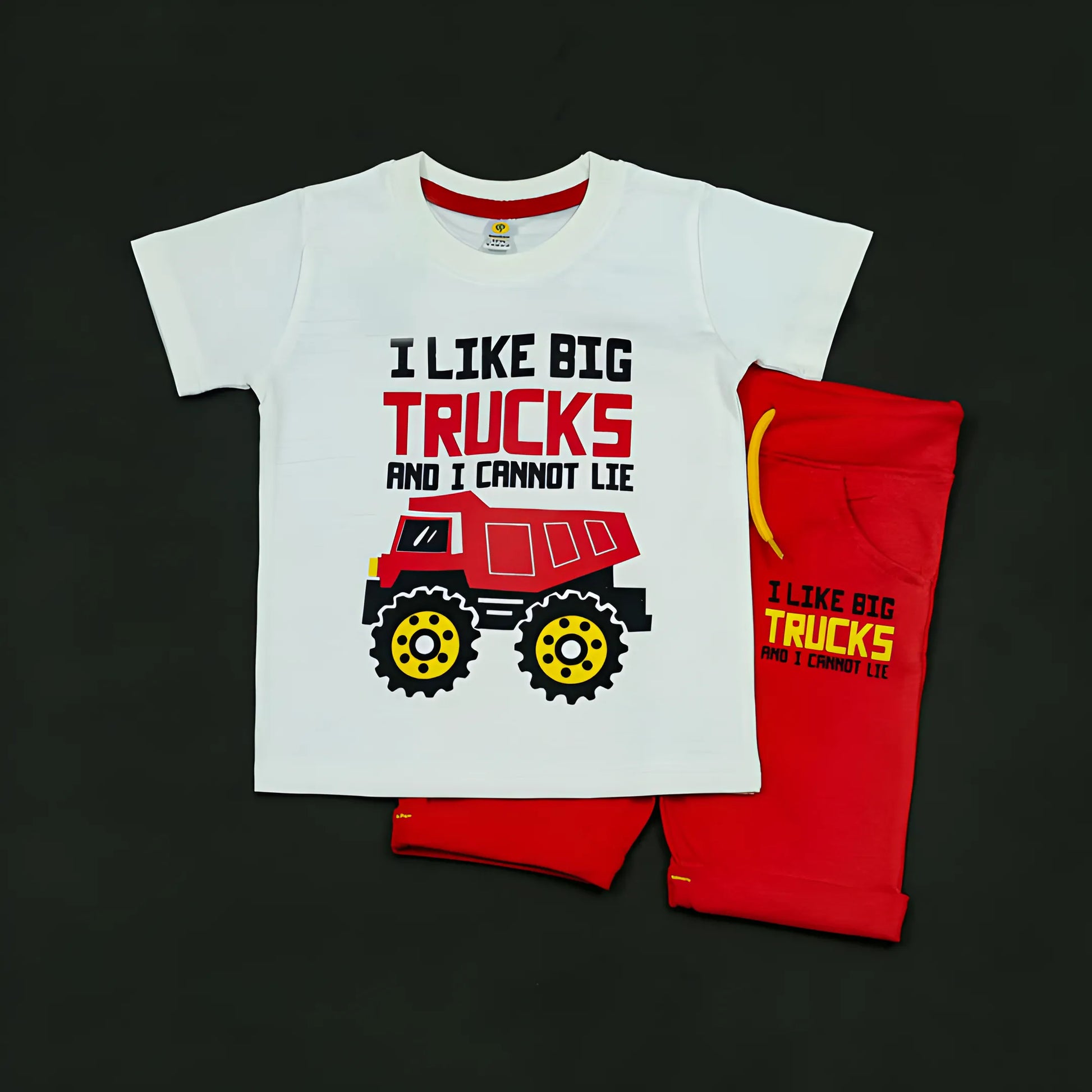 Children's t-shirt and red shorts with 'I Like Big Trucks' text on a black background