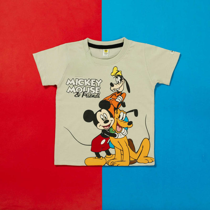 Children's t-shirt with Mickey Mouse and Friends design on a red and blue background