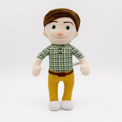 A plush doll of a young boy with brown hair, wearing a green and white plaid shirt, yellow pants, and white shoes, standing against a plain white background.