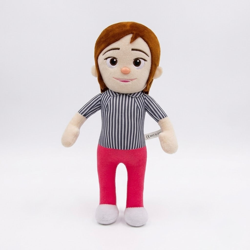 A custom plush doll featuring a cartoon-style face with brown hair, wearing a black and white striped shirt and bright pink pants, standing against a plain white background.