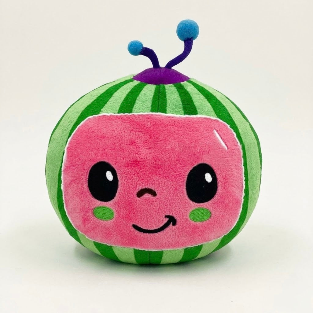 A cute watermelon-themed plush toy with a pink face, green and white striped watermelon body, and two blue antennae on a white background.