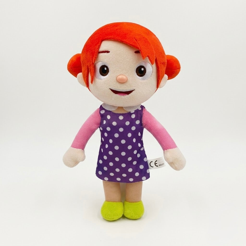 A plush doll with bright orange-red hair, a purple polka-dot dress, pink sleeves, and lime green shoes, photographed against a plain white studio background.